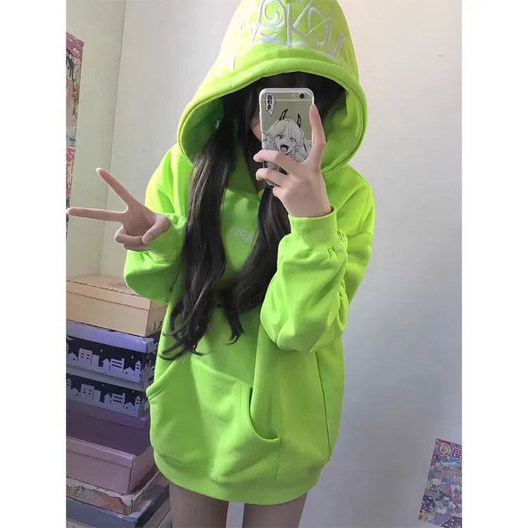 韩系多巴胺荧光绿色加绒加厚连帽卫衣女秋冬宽松百搭长袖外套上衣