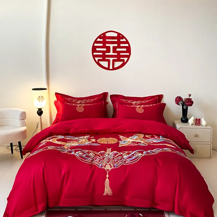 新款高级感刺绣纯棉四件套长绒棉婚房轻奢大红色结婚婚庆四季床品