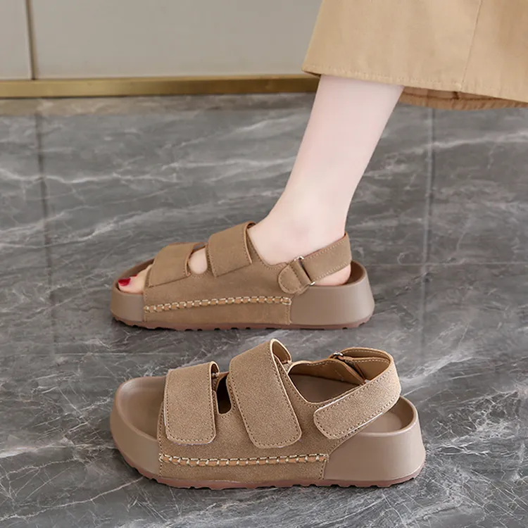 罗马凉鞋女2025新款夏季真皮复古勃肯凉拖鞋魔术贴厚底松糕沙滩鞋