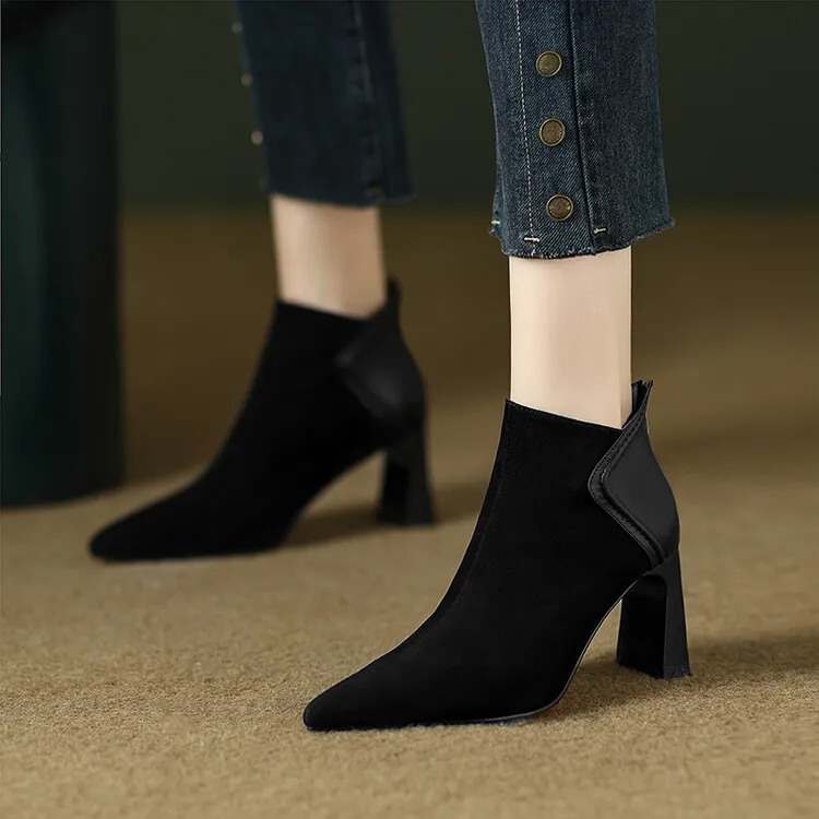 羊皮7cm 百搭黑色真皮粗跟高跟尖头秋冬瘦瘦靴英伦时装