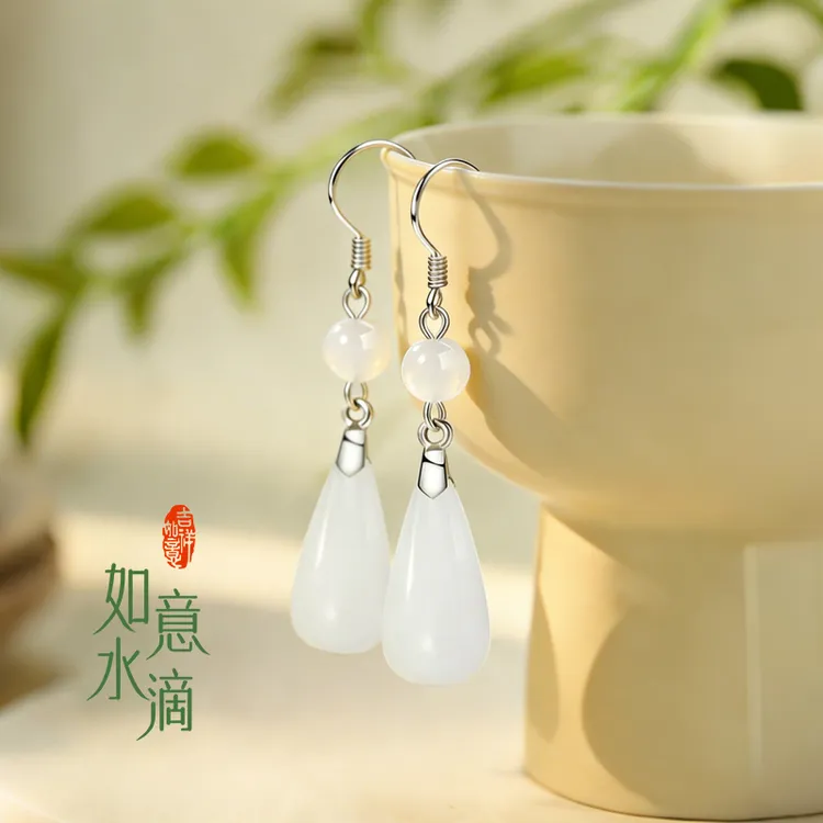足银耳饰 纯银耳环女水滴玉耳坠新中式气质复古风高级感秋冬银饰