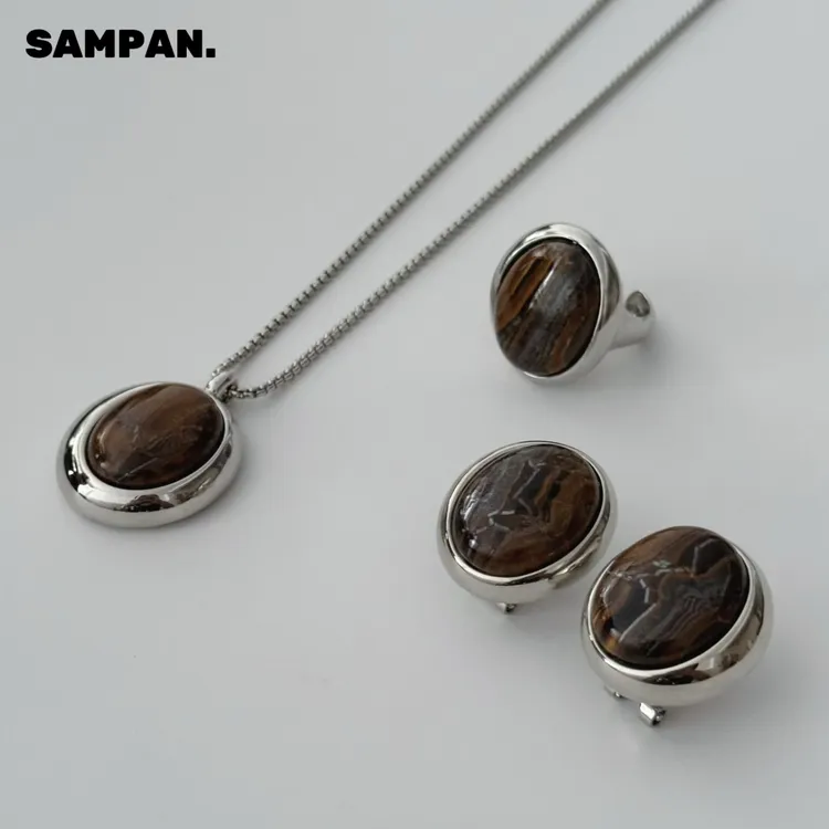铜合金大理石项链 SAMPAN小众设计木纹石吊坠轻奢毛衣链长款项链