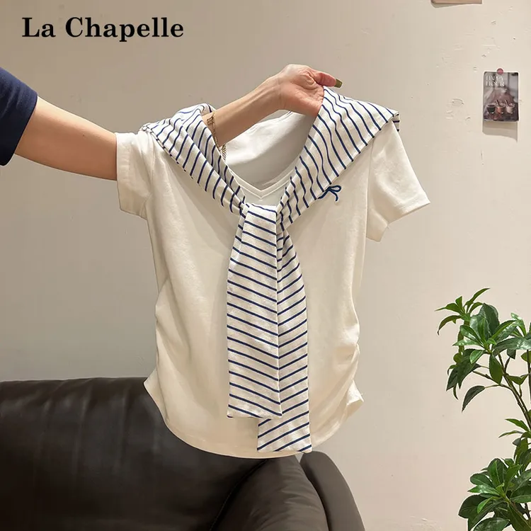 拉夏贝尔条纹披肩绑带蝴蝶结刺绣短袖T恤女夏季学院风气质小上衣