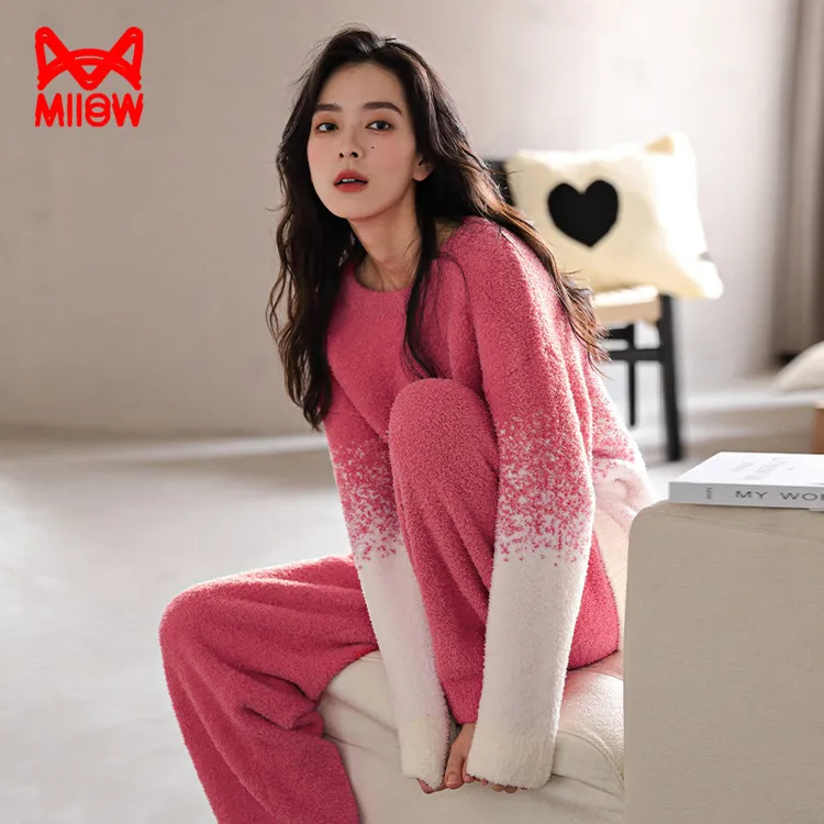 猫人半边绒保暖睡衣女士圆领家居服套装舒适休闲在家穿可外穿加厚