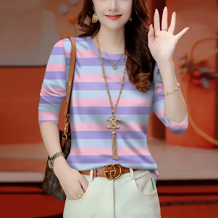 好品捡漏~春秋款条纹长袖t恤女大码宽松遮肚显瘦圆领打底上衣时尚