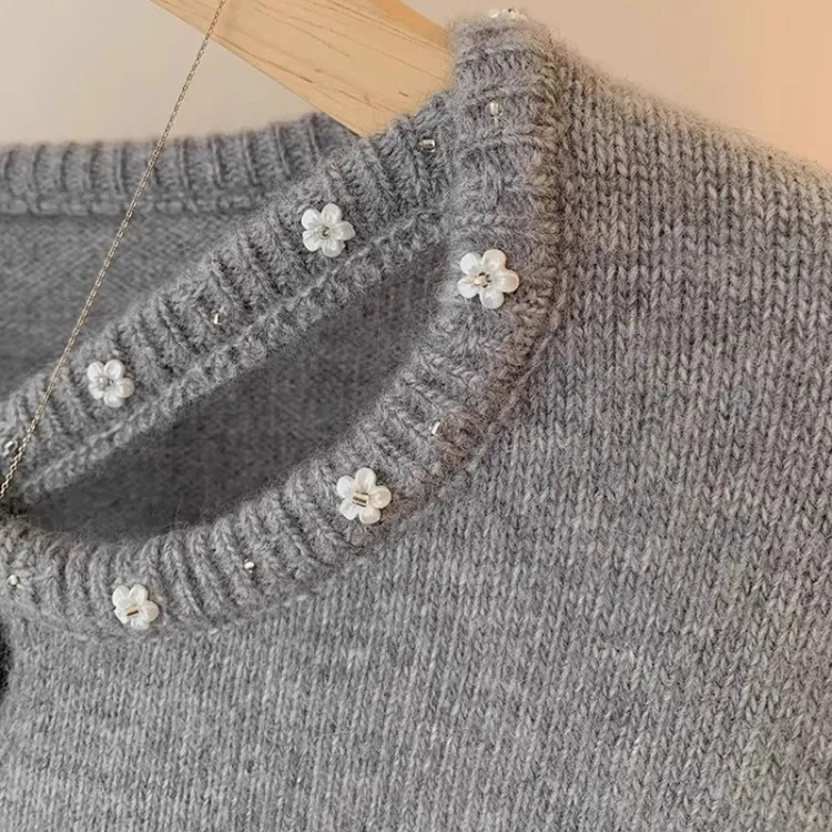 早秋灰色镂空长袖针织衫女秋冬季小个子高级感内搭打底衫软糯上衣