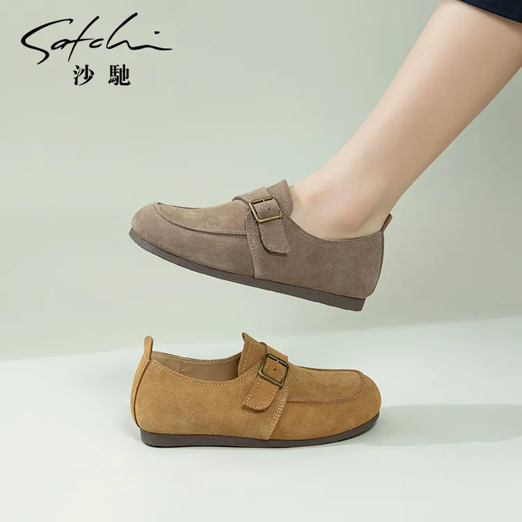 沙驰女鞋舒适软底平底鞋潮休闲鞋2025年春季新款乐福单鞋豆豆鞋女