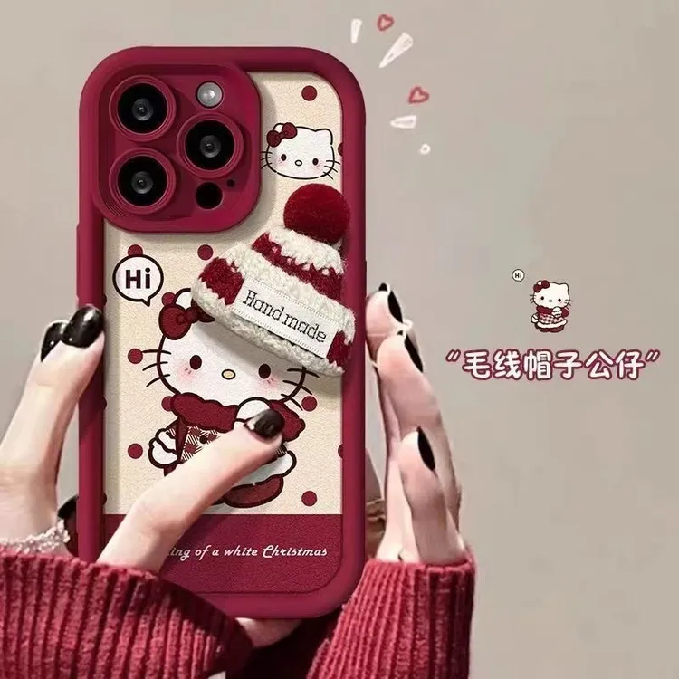 春节毛线帽KT猫适用苹果16Promax手机壳iPhone15可爱14/13/12软套