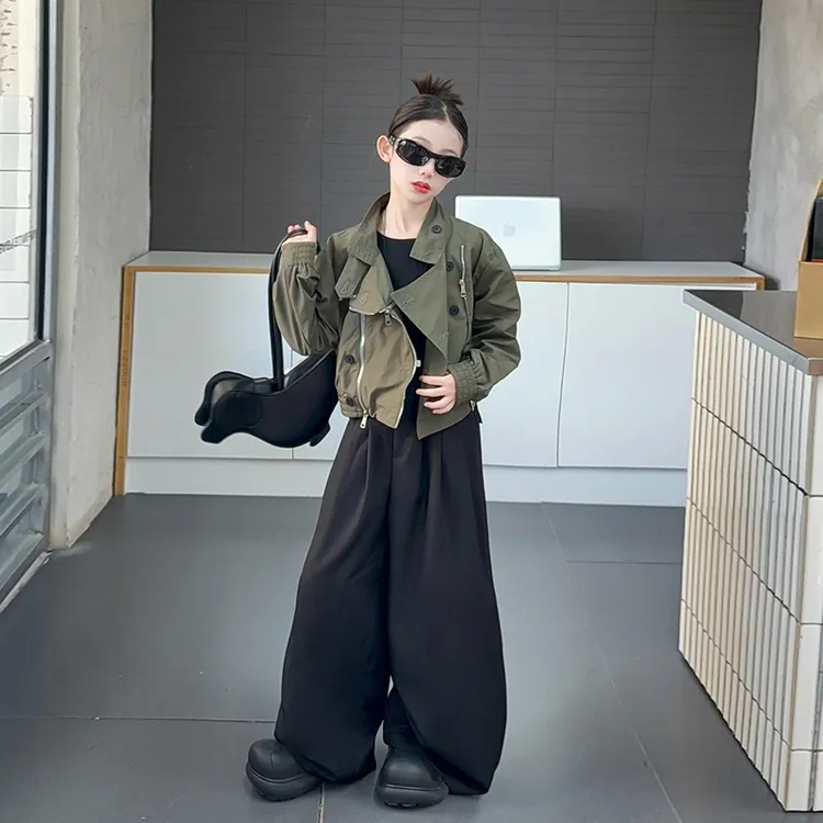 女童秋装套装2025新款洋气中大童韩系潮酷工装外套休闲阔腿裤春秋