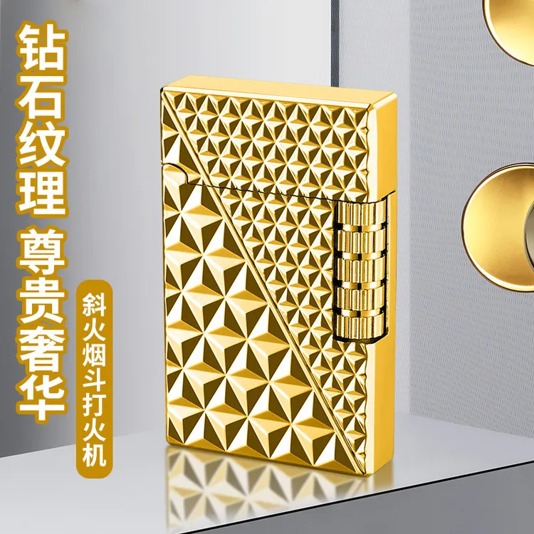 尊享版钻石纹朗声侧滑斜火明火砂轮金属电镀充气烟斗打火机