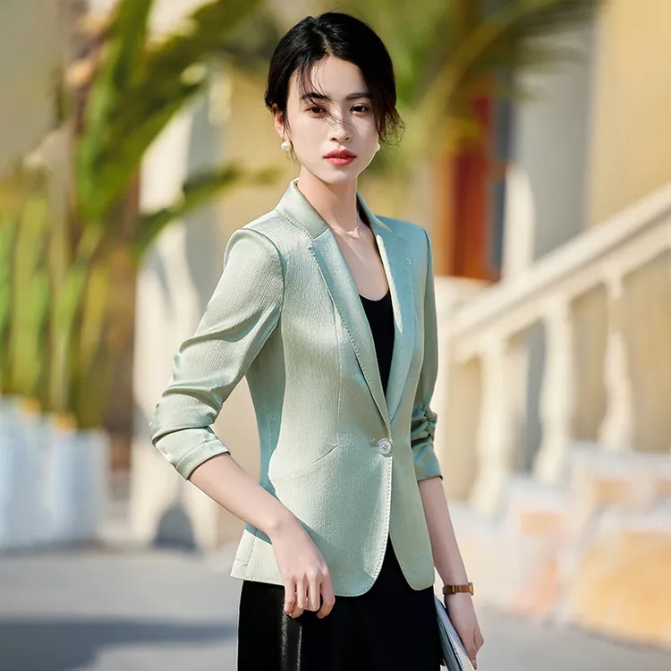 醋酸缎面西装外套女2025新款高级感时尚休闲气质七分袖通勤小西服