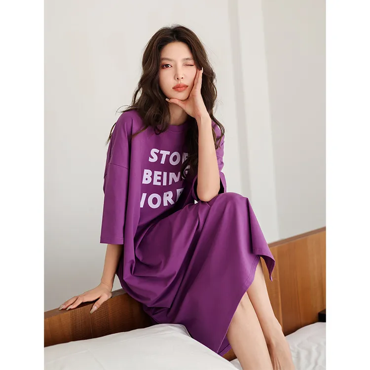 美腾新款睡裙女夏季短袖莫代尔棉圆领宽松家居服可外穿睡衣中长款