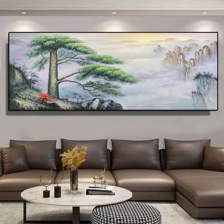 办公室客厅家居沙发背景墙挂画迎客松画芯尺寸80X200带框包邮