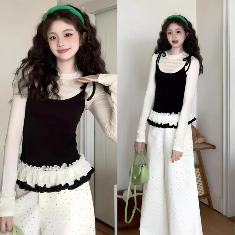 2025早秋穿搭气质少女感女假两件上衣+搭配白色阔腿裤子两件套装