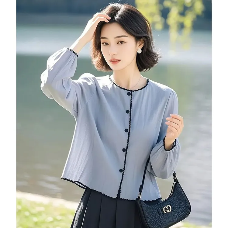 2025超火女士春季独特漂亮小衫慵懒风蓝色衬衫法式高级感棉麻上衣