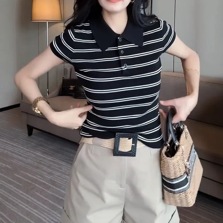 小众2025夏季时尚百搭polo领条纹短袖T恤女胖mm宽松显瘦休闲上衣