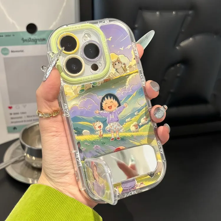 情侣小丸子小新镜面支架适用苹果16Pro手机壳iPhone14max小米15华