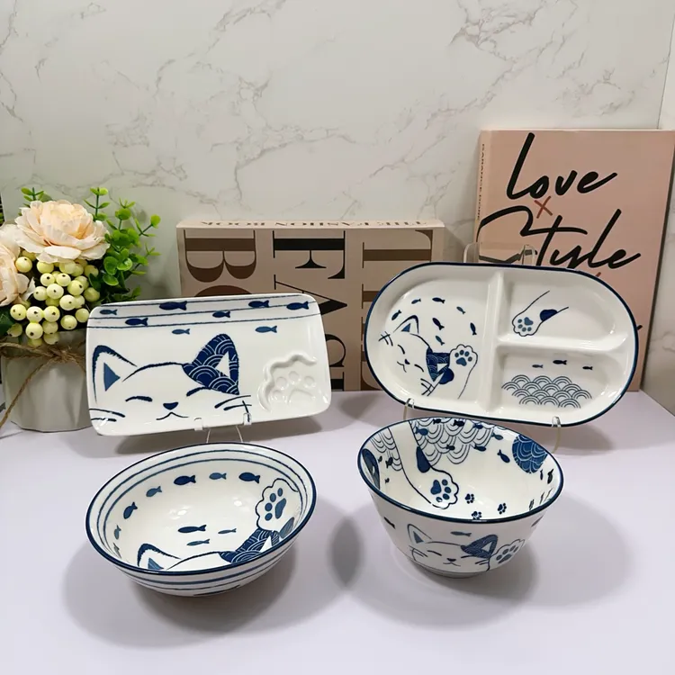 日式和风招财猫高温釉下彩陶瓷碗陶瓷盘餐具套装外贸尾单数量有限