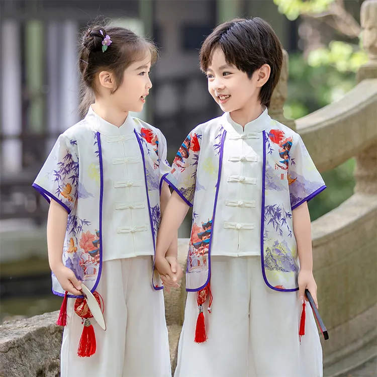 夏季唐装兄妹装三经朗诵服幼儿园表演服装毕业班合唱中国风通用