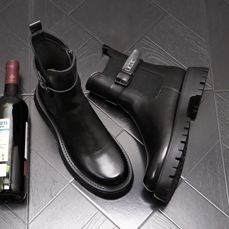 靴男秋冬加绒男靴子英伦风套筒短靴时尚个性中筒牛仔靴男皮靴