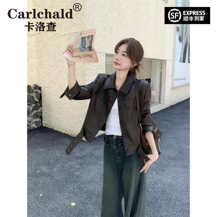 CARLCHALD卡洛查休闲咖啡色皮衣短外套女春秋2025新款小个子PU夹