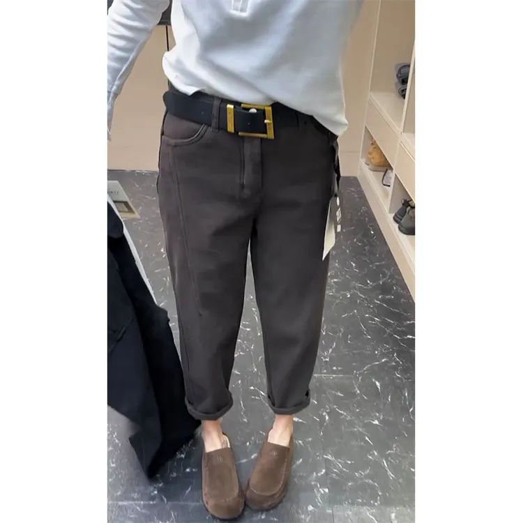 萱贝纯设计感后兜时尚直筒牛仔裤2025秋冬新款加绒加厚九分哈伦裤