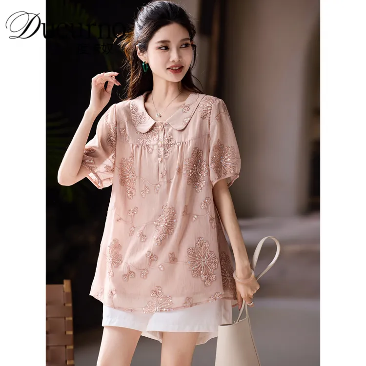 时尚珠片刺绣雪纺衫女夏季新款宽松上衣2025年大码女装洋气衬衫