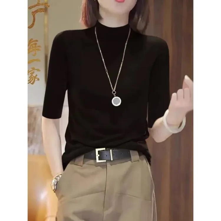 黑色半高领中袖针织衫女士秋季五分袖打底衫气质内搭修身显瘦上衣