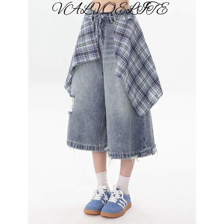 爆款复古可拆卸格纹屁帘破洞牛仔七分裤女2025夏季新款阔腿短裤子