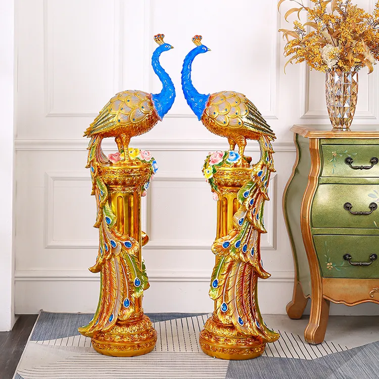 客厅大型落地摆件孔雀新中式高端别墅玄关电视柜旁家居装饰品摆设
