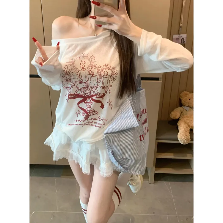 2025新款美式涂鸦斜肩薄款甜妹上衣长袖T恤防晒罩衫夏慵懒睡衣女