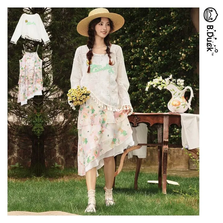 B.Duck2025夏季新款简约通勤休闲流苏镂空罩衫两件套雪纺连衣裙女