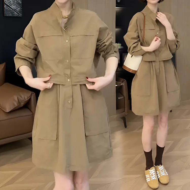 欧货小众假两件工装连衣裙女春秋小个子宽松休闲抽绳收腰显瘦短裙