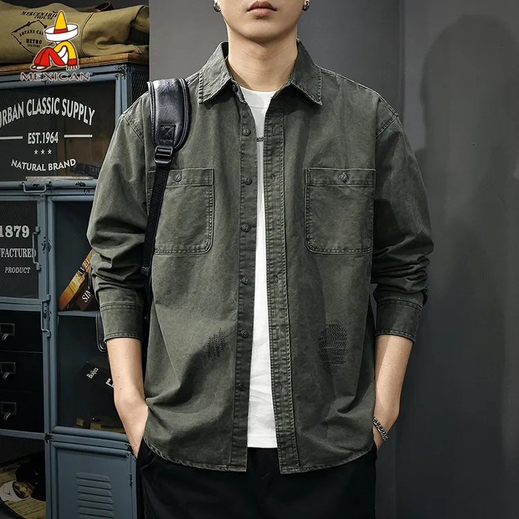 Mexican/稻草人300g重磅纯棉长袖衬衫男士秋季美式衬衣宽松外套潮