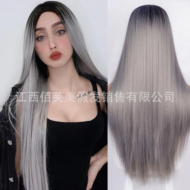 速卖通化纤头套wigs欧美时尚假发女中分长直发高温丝假发厂家直销