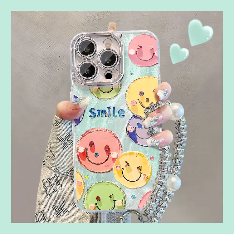 油画笑脸适用苹果15华为vivo/oppo小米iPhone16精孔羽纱纹手机壳