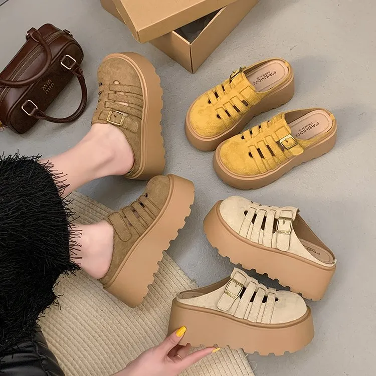 编织包头半拖鞋女外穿新款皮面小个子增高镂空复古勃肯拖鞋子凉鞋