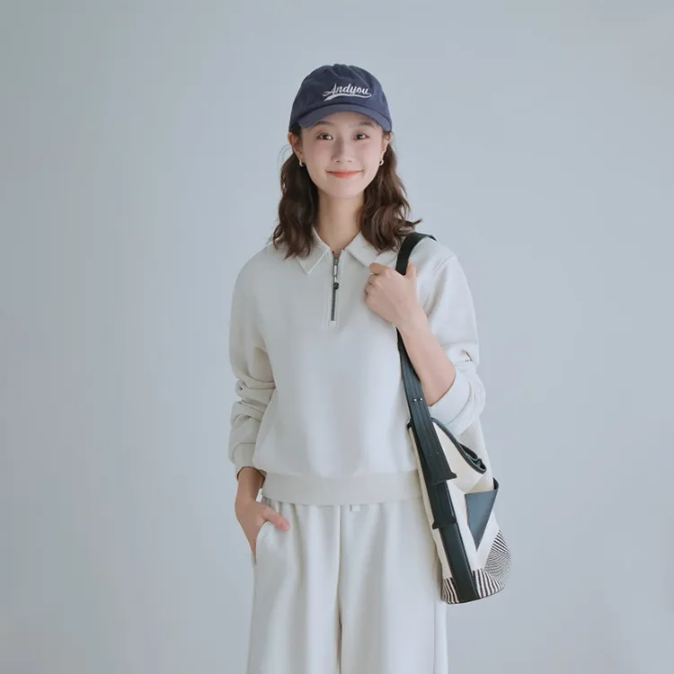 女长袖拉链新中式POLO领短款翻领卫衣百搭白色春季韩版兰精莫代尔