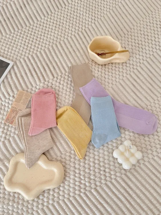 春夏季中筒堆堆袜双针织棉袜无骨设计百搭纯色女袜