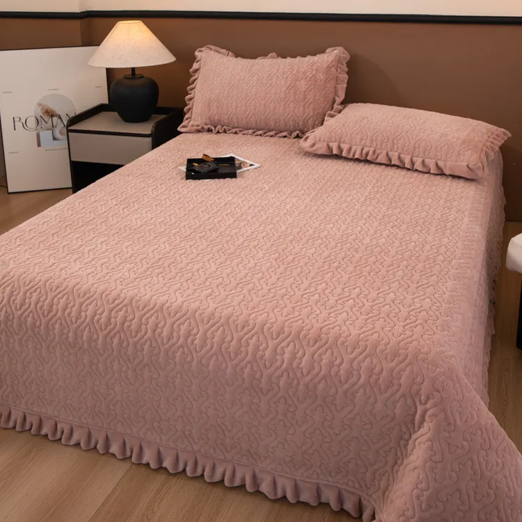A类牛奶绒夹棉床盖纯色花边防滑床单床裙榻榻米炕垫牛奶绒加厚
