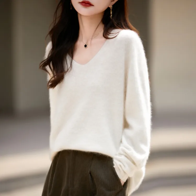 纯色V领保暖拉纯羊毛衫洋气宽松女装慵懒风羊绒衫气质显瘦