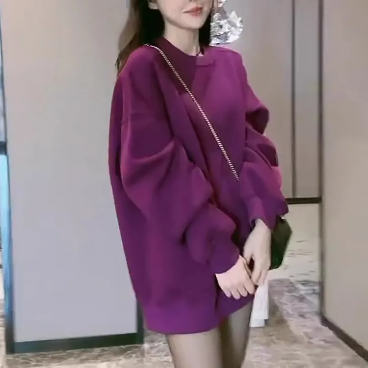 休闲洋气紫色加绒卫衣女2025新款秋冬季慵懒风宽松中长款长袖上衣