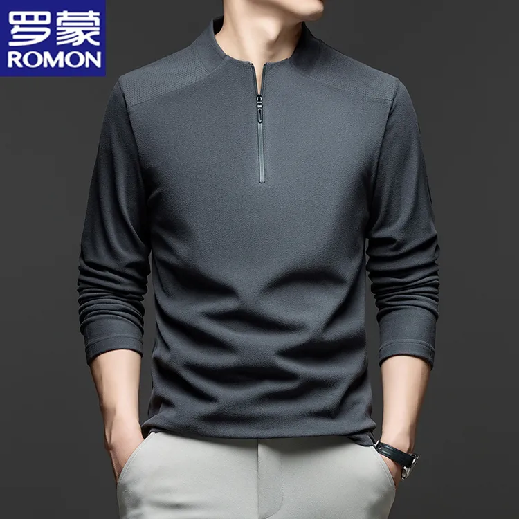罗蒙秋冬季男士双面绒长袖T恤衫时尚半拉链德绒保暖打底上衣