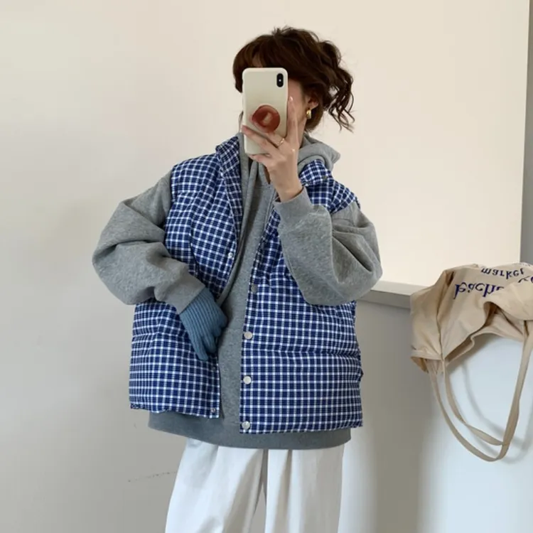 高级感蓝色格子羽绒棉衣马甲女冬季加厚外穿面包棉袄外套上衣