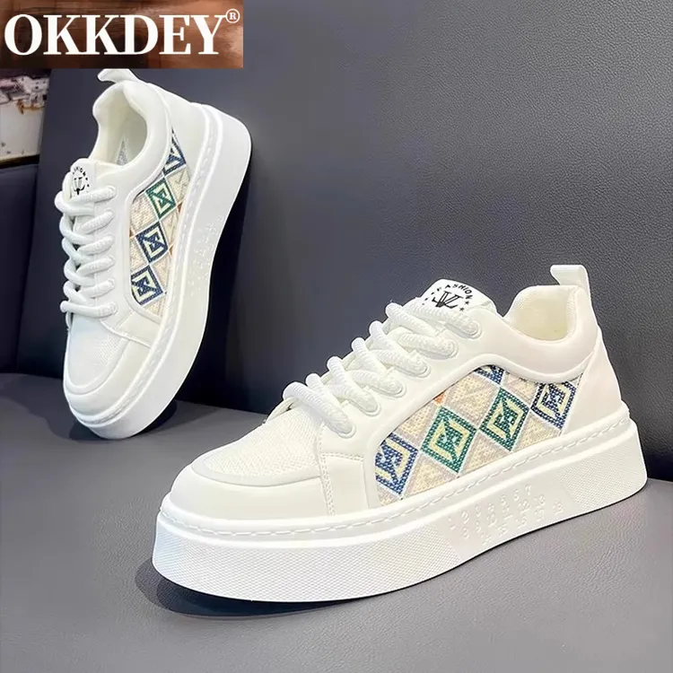 okkdey男鞋透气高级感百搭休闲印花板鞋厚底皮面增高运动小白鞋