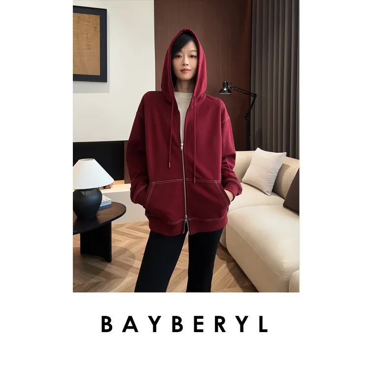 BAYBERYL老贝明线卫衣*宽松舒适休闲连帽秋拉链外套NT5H1308-9/17