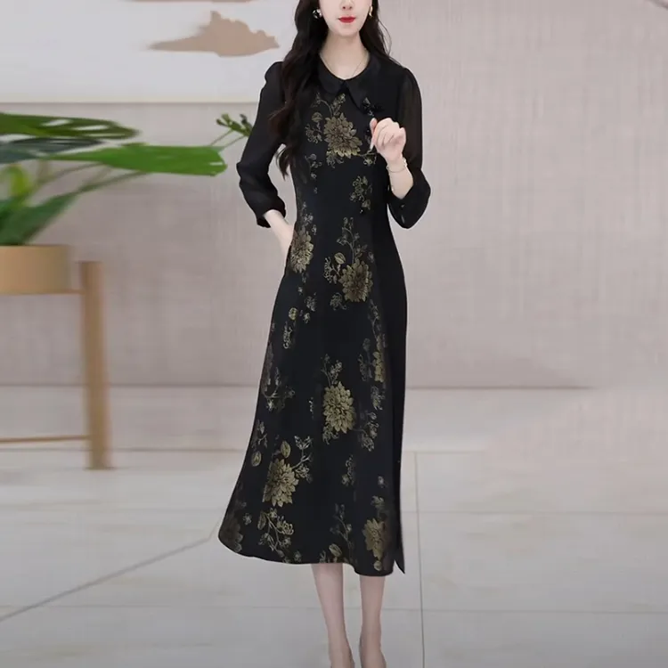 冰丝缎新中式国风女装2025早秋季新款时尚黑色显瘦中长款连衣裙子