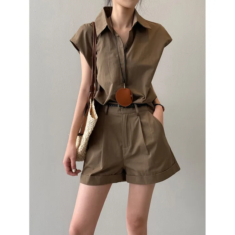 法式衬衫上衣工装短裤套装女夏季休闲气质高级感两件套