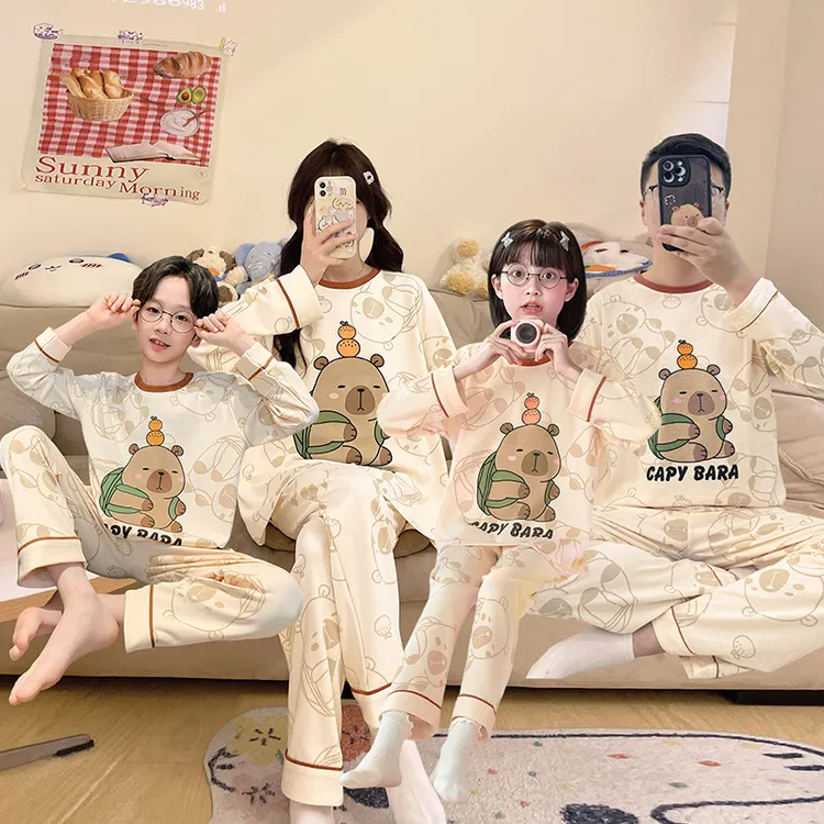 亲子睡衣套装一家四口三口女童男孩2025春秋款100%纯棉家居服秋季