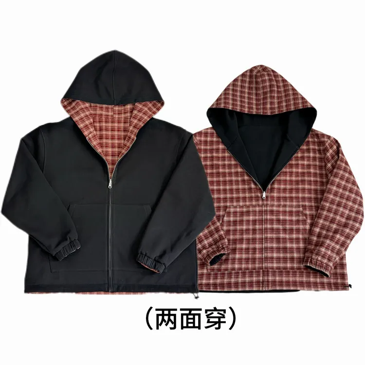 LazyMint  双面穿格纹连帽开衫卫衣男女同款美式复古宽松百搭